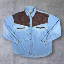 Load image into Gallery viewer, Vintage Stockerpoint Cowboy Western Blue Denim Brown Leather Panel Popper Long Sleeve Shirt
