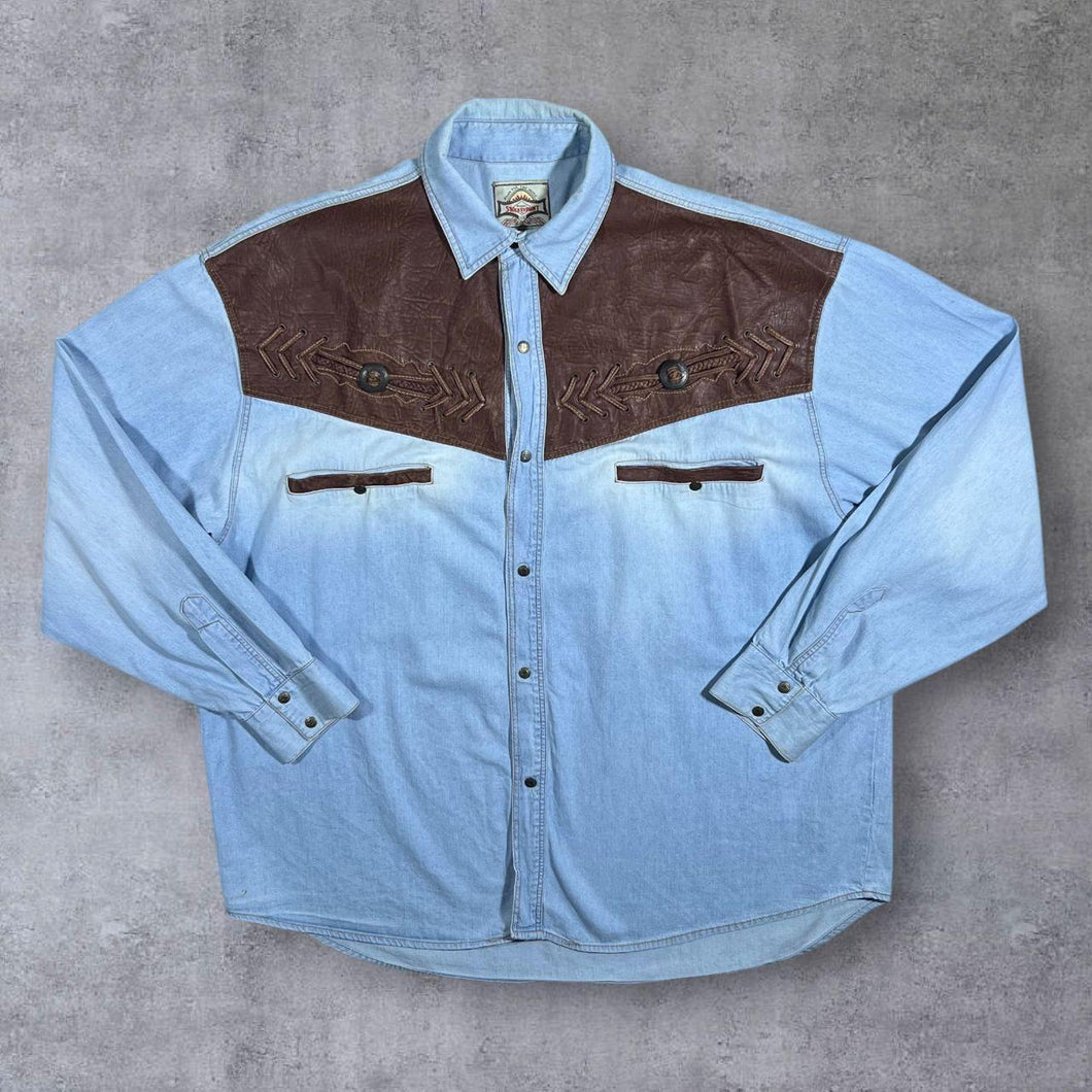 Vintage Stockerpoint Cowboy Western Blue Denim Brown Leather Panel Popper Long Sleeve Shirt