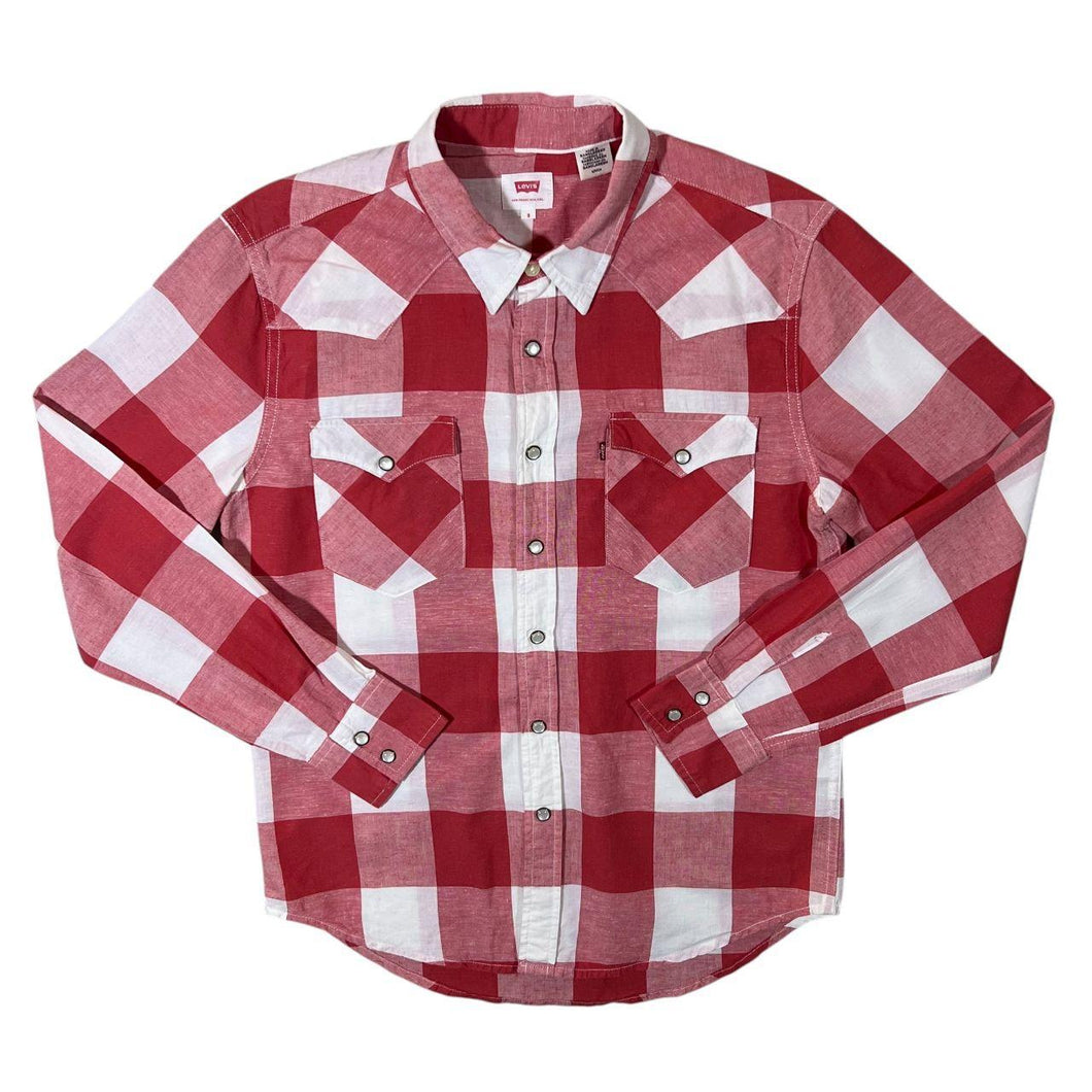 Levi's Cowboy Western Red White Check Long Sleeve Popper Cotton Linen Shirt