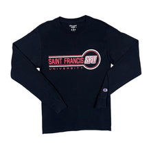 Load image into Gallery viewer, Champion SAINT FRANCIS UNIVERSITY College Spellout Graphic Long Sleeve Black T-Shirt
