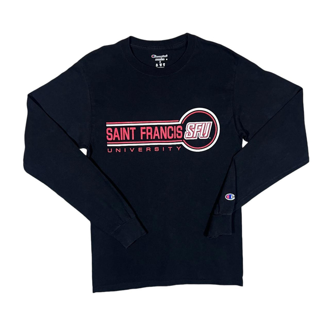 Champion SAINT FRANCIS UNIVERSITY College Spellout Graphic Long Sleeve Black T-Shirt