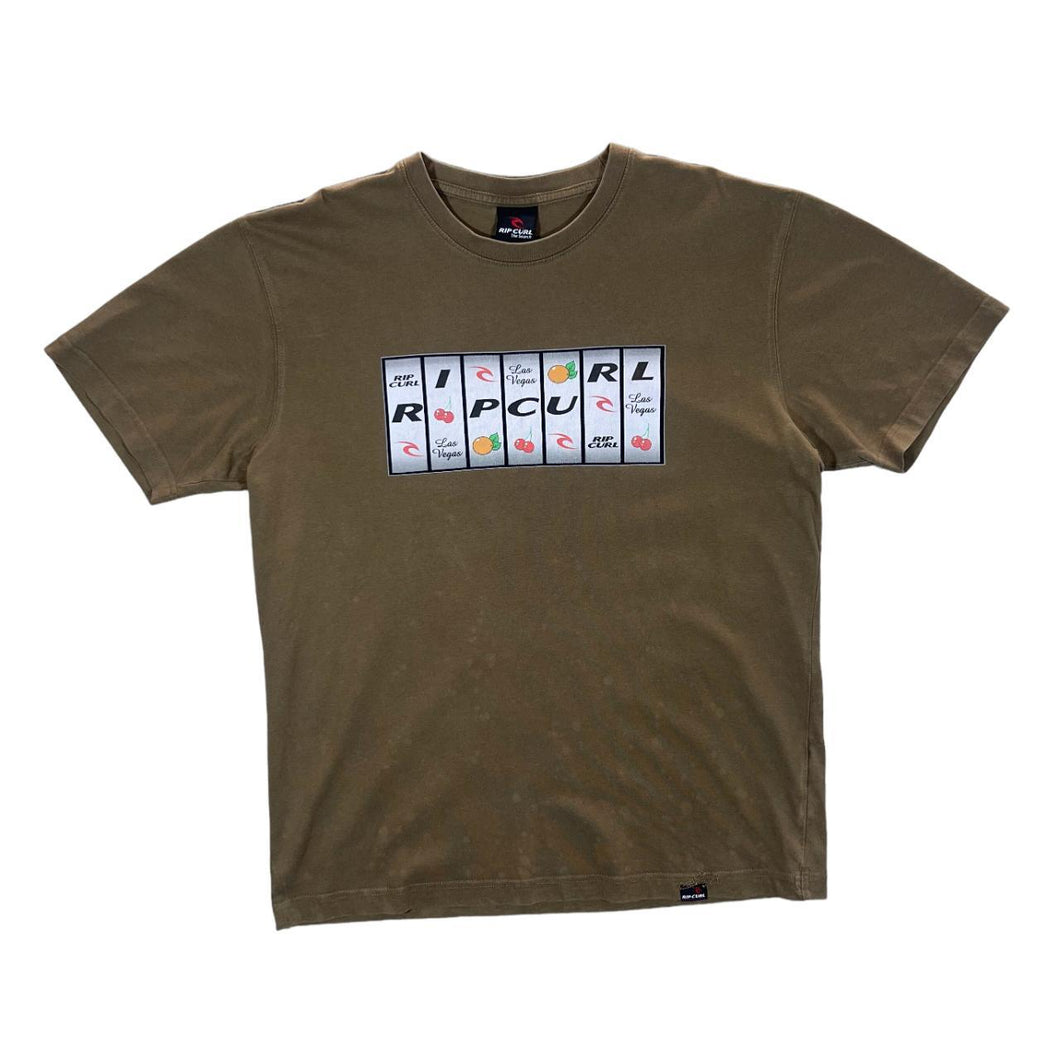 Early 00's RIPCURL Slot Machine Skater Surfer Logo Spellout Graphic Khaki Brown T-Shirt
