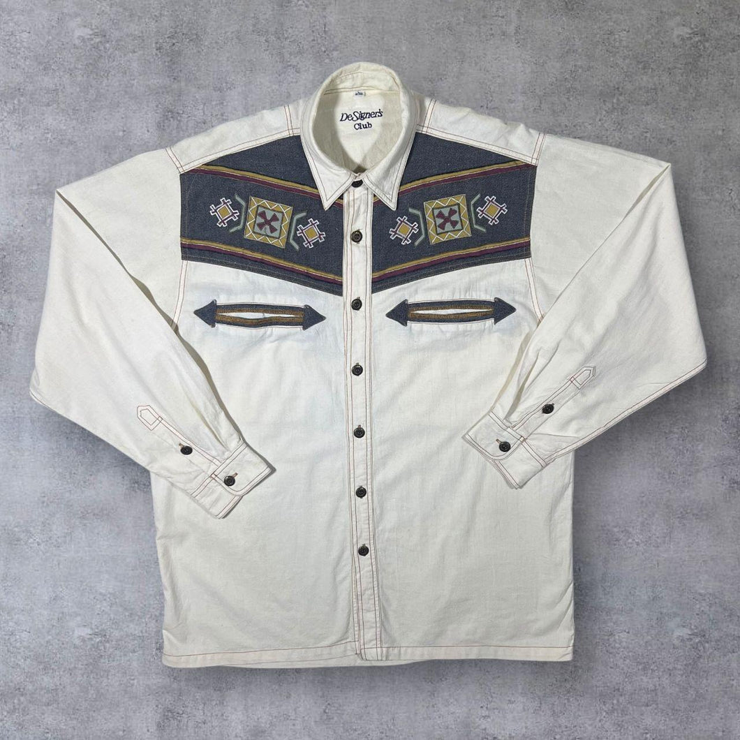 Vintage DeSigner's Club Cowboy Western Embroidered Cream Grey Cotton Long Sleeve Shirt