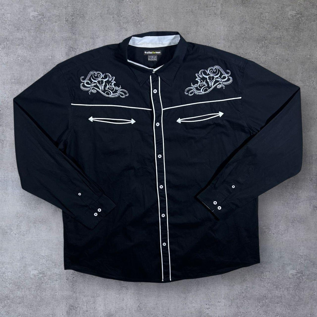 Atlas For Men Cowboy Western Cow Skull Black White Cotton Long Sleeve Shirt