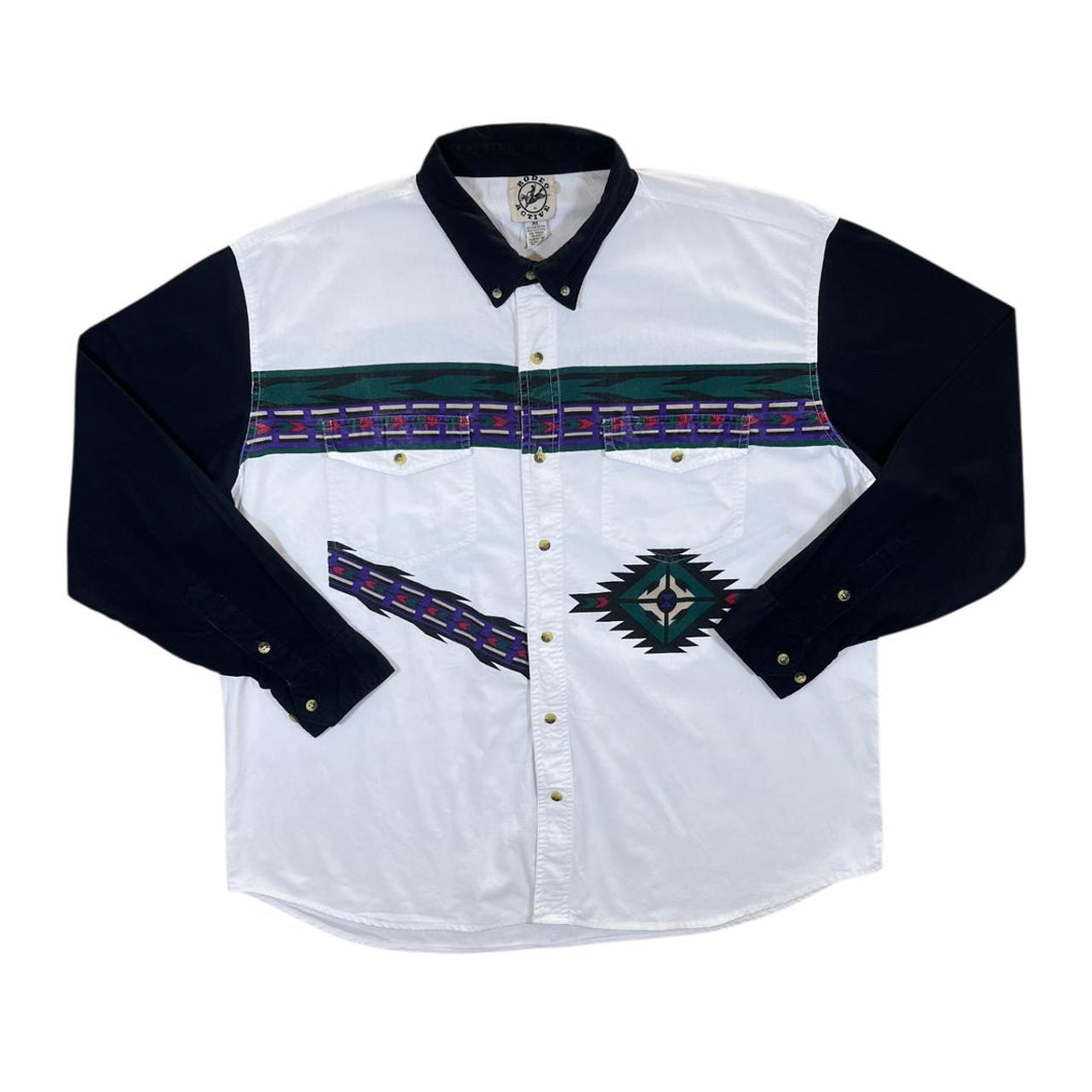 Vintage 90's Rodeo Active Aztec Patterned Cowboy Western Long Sleeve Button-Up Shirt