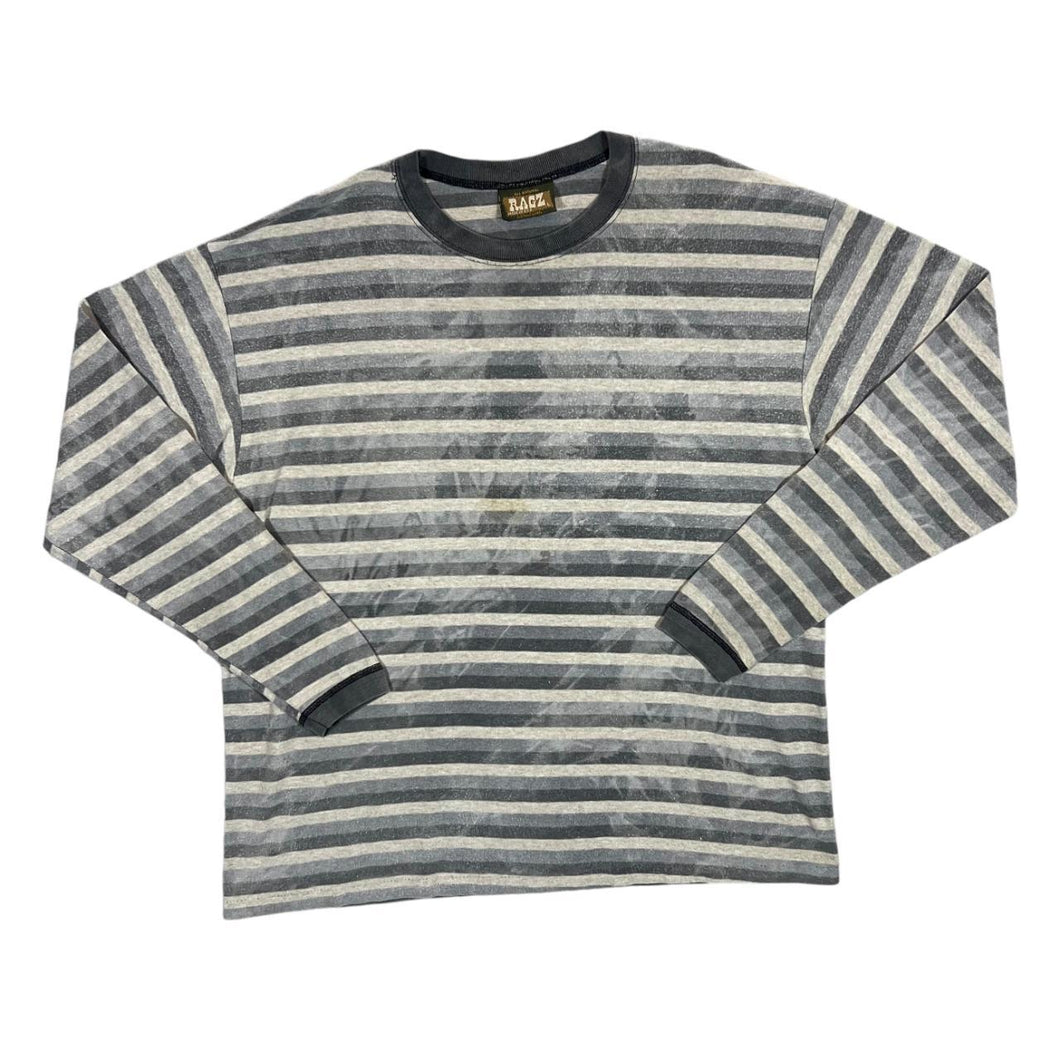 Vintage 90's RAGZ Made In USA Sun Bleached Grey Beige Striped Long Sleeve T-Shirt