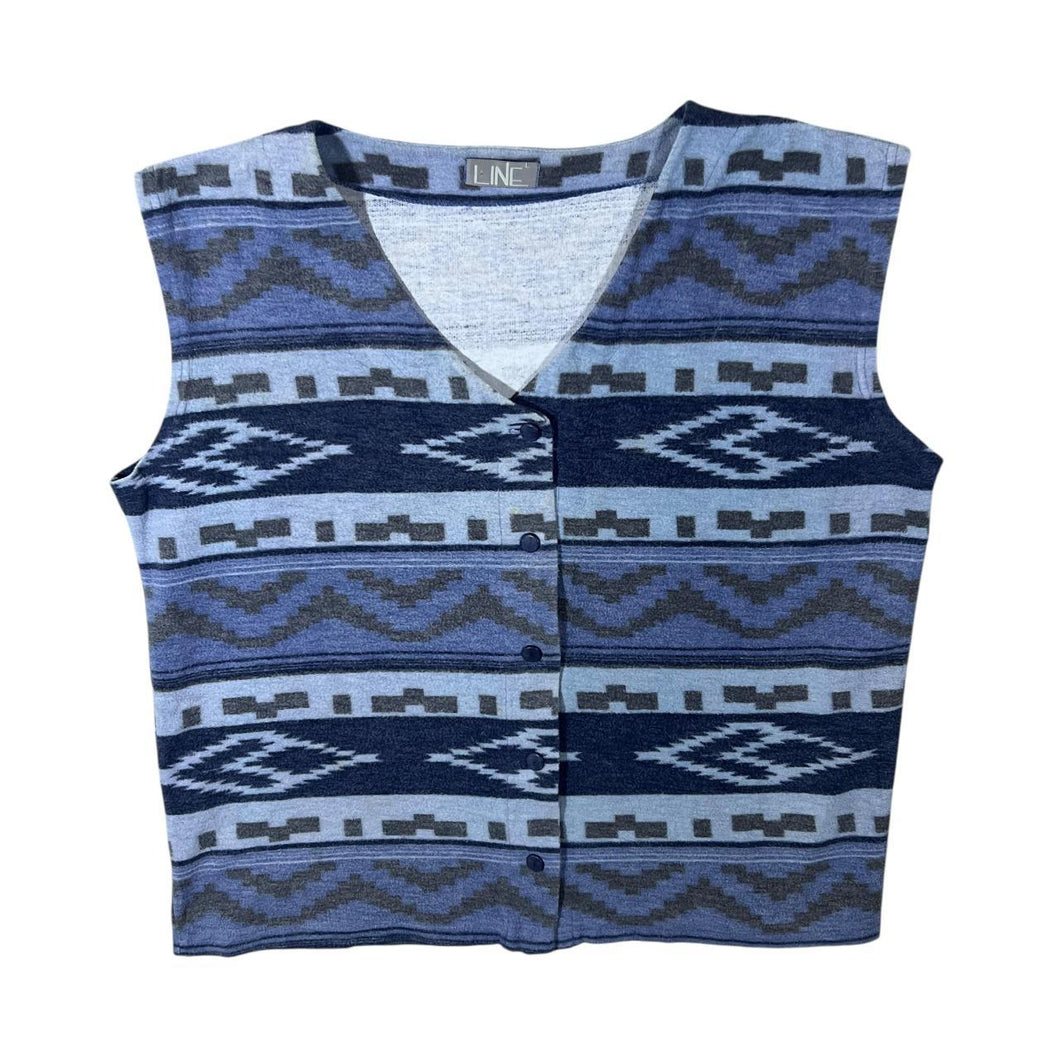 Vintage 90's LINE Crazy Abstract Patterned Blue Grey Mix Fleece Button Tank Top