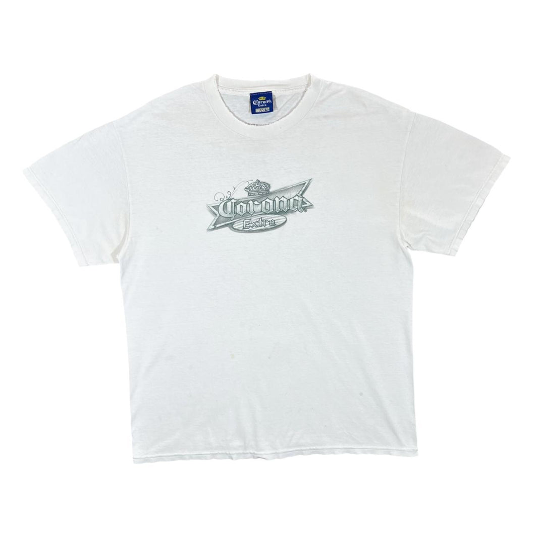 Early 00's CORONA EXTRA Beer Logo Spellout Hawaiian Graphic Distressed White T-Shirt