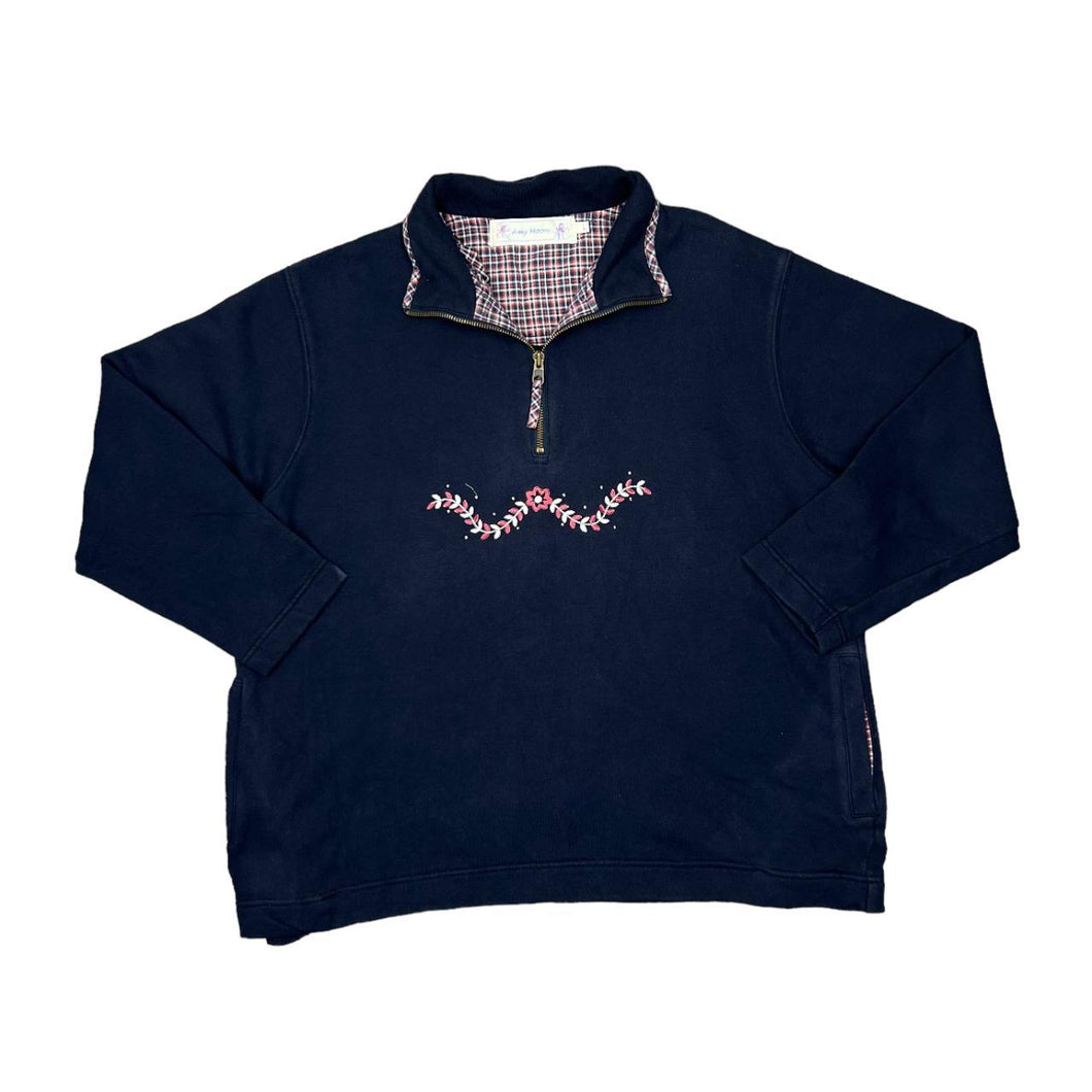 Vintage 90's AMY MOORE Embroidered Floral Motif Checked Trim 1/4 Zip Pullover Sweatshirt