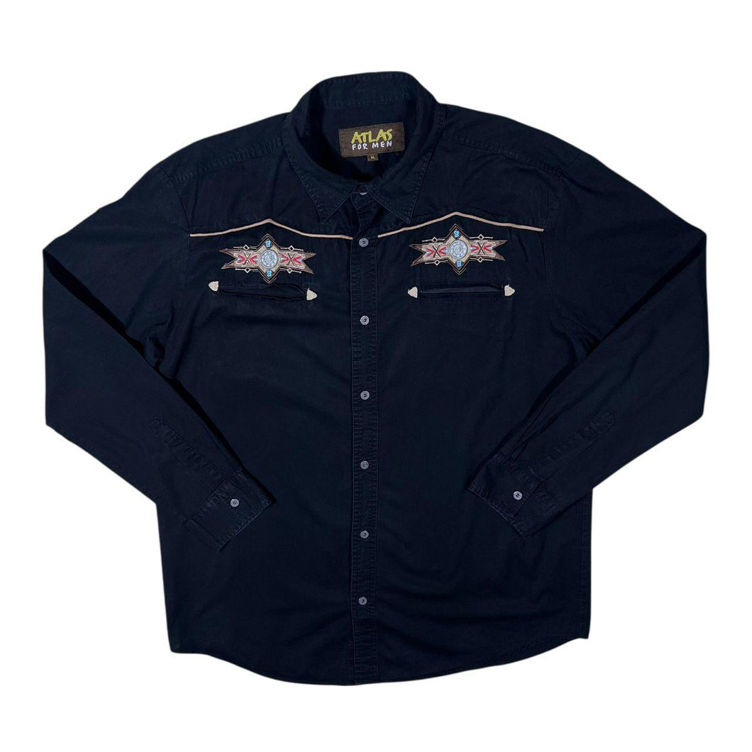 Early 00's Atlas For Men Cowboy Western Embroidered Native Black Cotton Long Sleeve Shirt