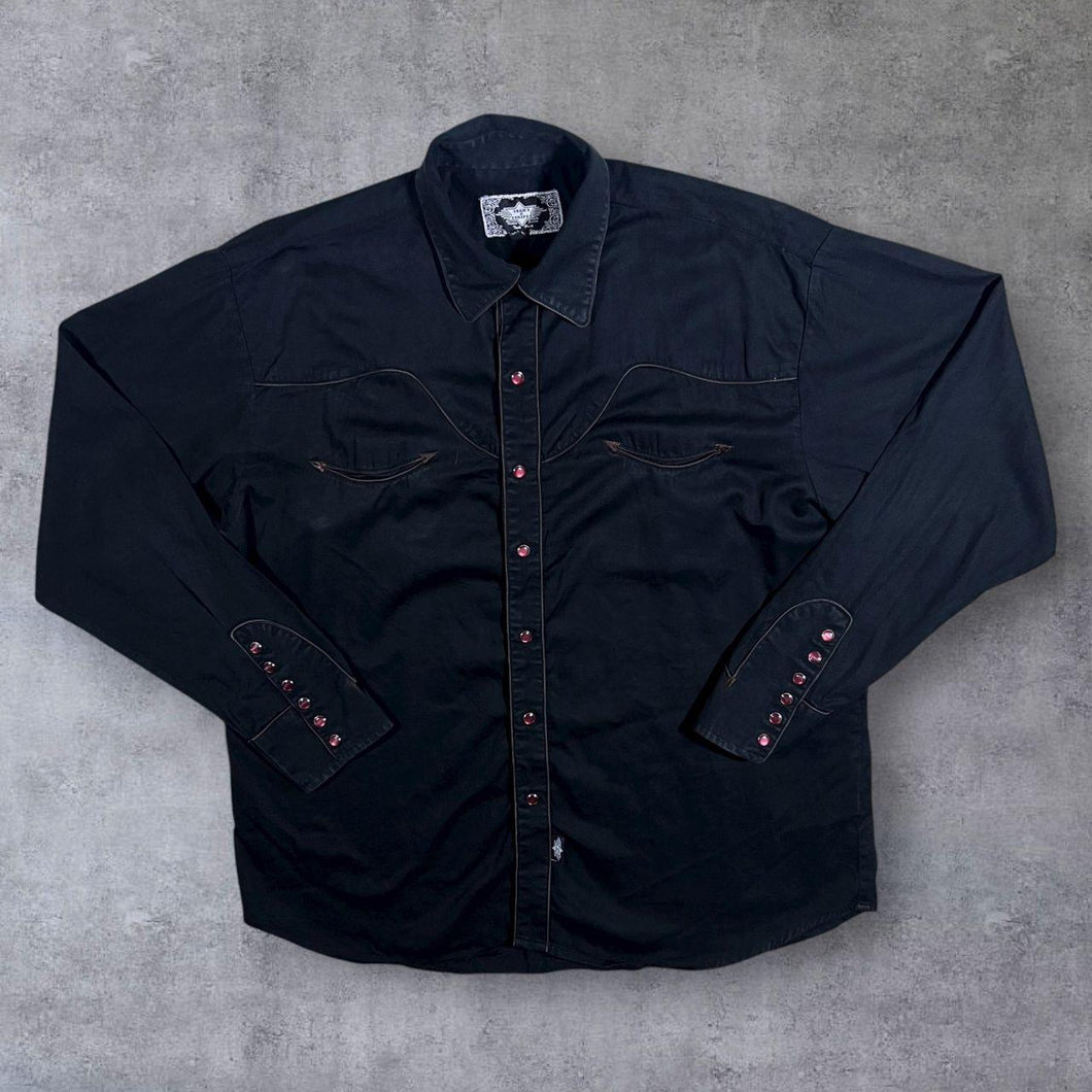 Vintage Stars & Stripes Cowboy Western Black Brown Popper Long Sleeve Shirt