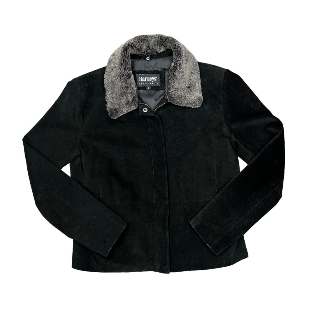 Vintage BARNEYS ORIGINALS Genuine Real Black Suede Leather Faux Fur Collared Zip Jacket