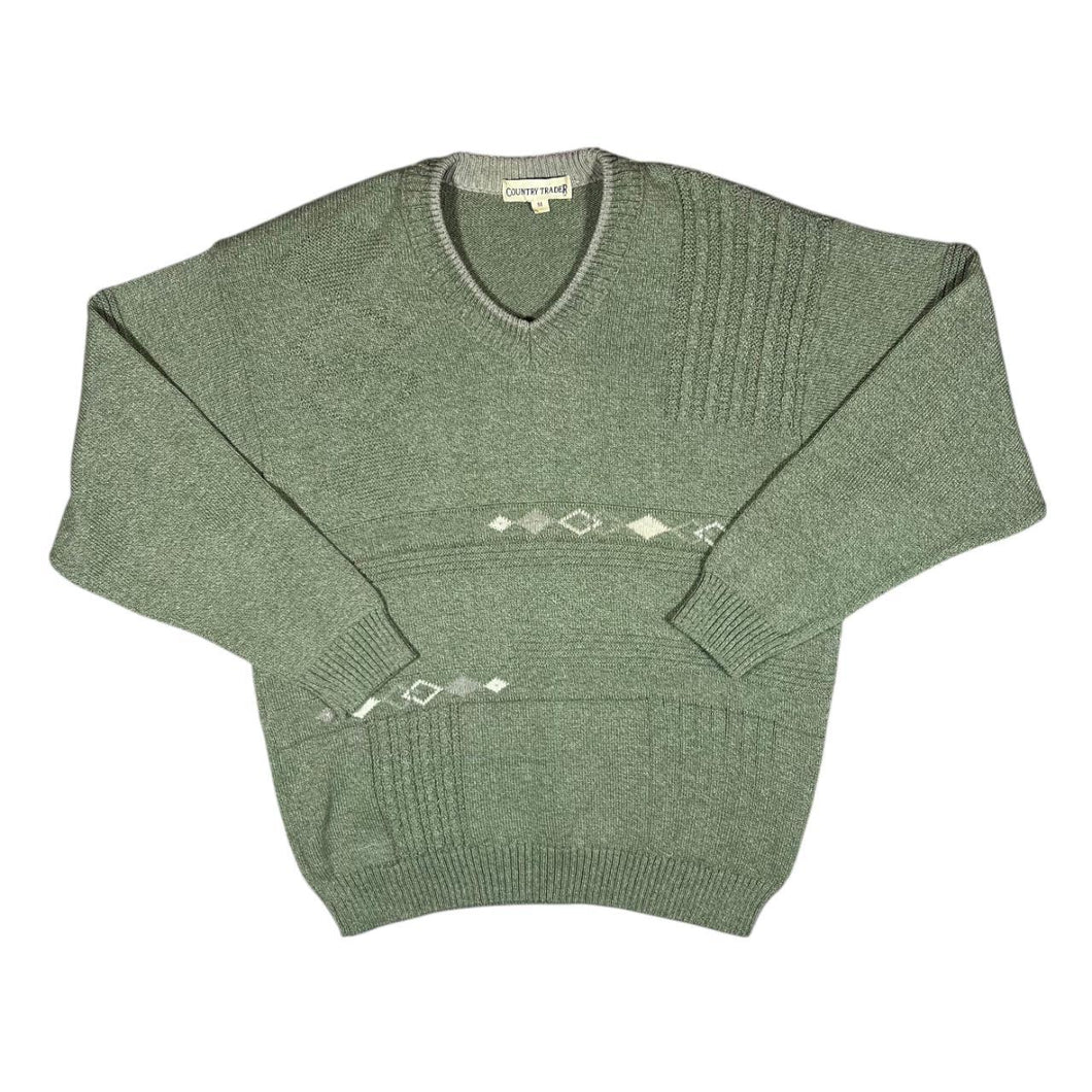 Vintage COUNTRY TRADER Grandad Patterned Cotton Acrylic Knit V-Neck Sweater Jumper