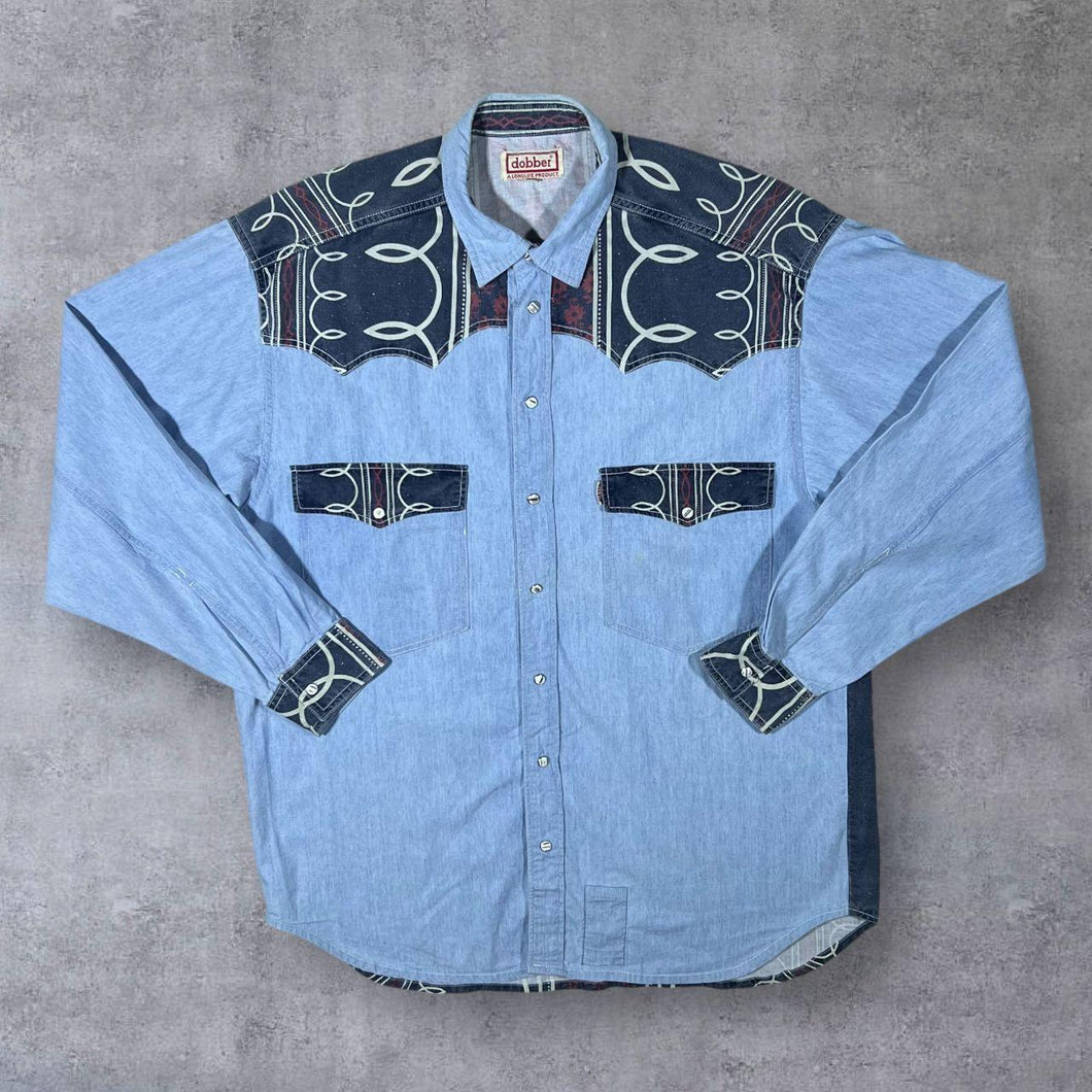 Vintage Dobber Cowboy Western Patterned Popper Blue Denim Long Sleeve Shirt