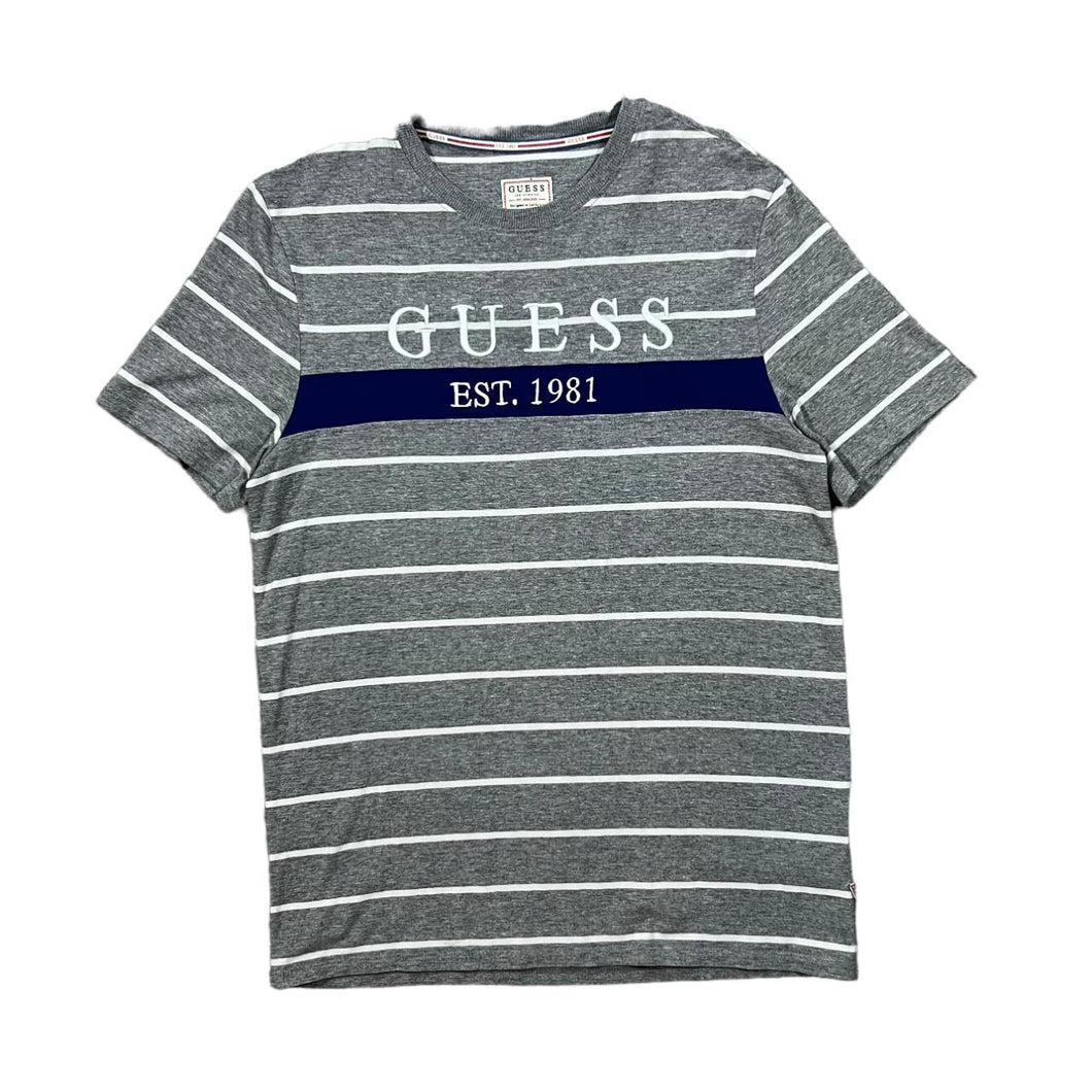 GUESS Classic Embroidered Big Logo Spellout Striped Short Sleeve Cotton T-Shirt