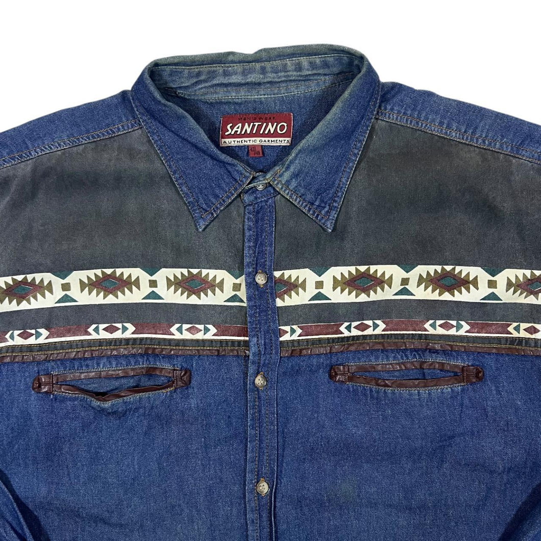 Vintage Santino Cowboy Western Aztec Patterned Blue Denim Long Sleeve Shirt