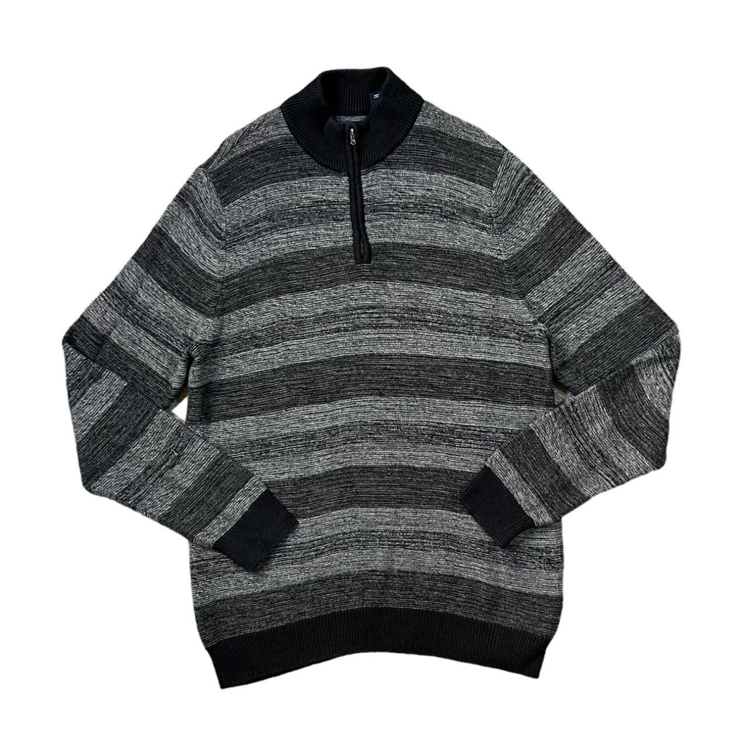 Early 00's CHAPS Black Grey Striped Cotton Knit 1/4 Zip Pullover Sweater Jumper
