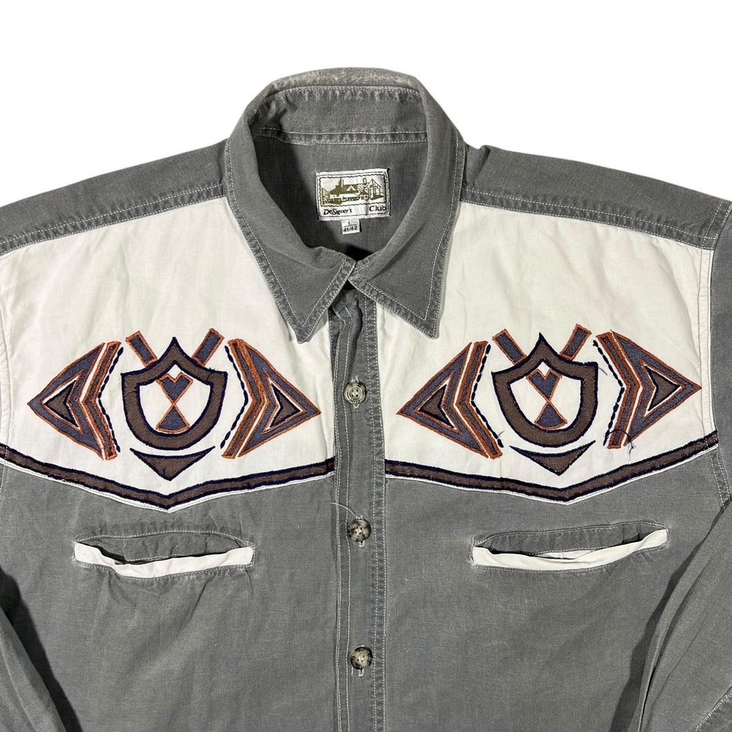 Vintage DeSigner's Club Embroidered Grey Cowboy Western Cotton Long Sleeve Shirt