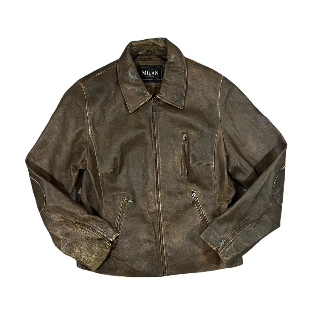 Vintage 90's MILAN LEATHER Classic Distressed Brown Genuine Real Leather Zip Bomber Jacket