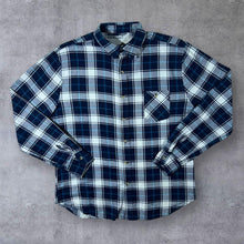 Load image into Gallery viewer, Vintage Blue Navy Blue White Plaid Check Long Sleeve Cotton Flannel Shirt
