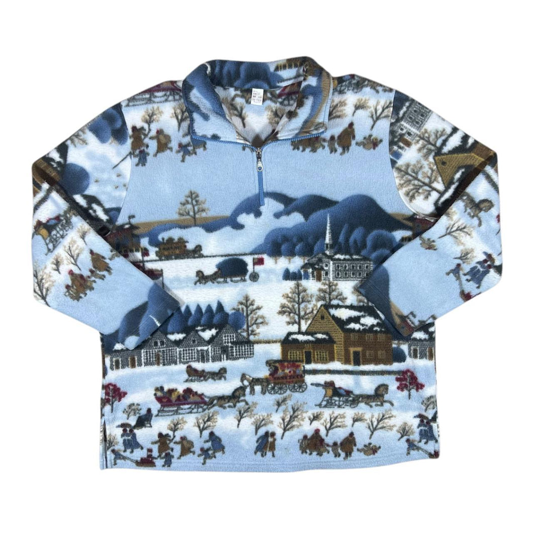 Vintage Snow Winter Festive Scene Patterned 1/4 Zip Pullover Fleece Sweatshirt