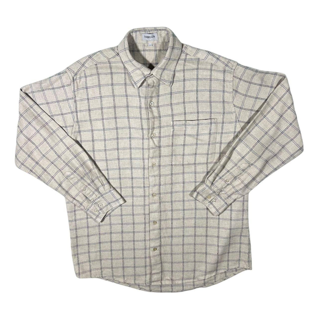 Vintage Happy Life Beige Navy Blue Plaid Check Long Sleeve Flannel Cotton Shirt