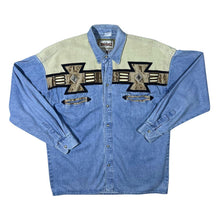 Load image into Gallery viewer, Vintage Rivergold Cowboy Western Blue Denim Long Sleeve Pearl Snap Popper Shirt
