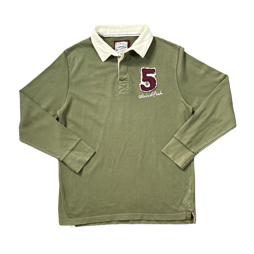 WEIRD FISH Embroidered Mini Logo Khaki Green Cream Long Sleeve Polo Shirt