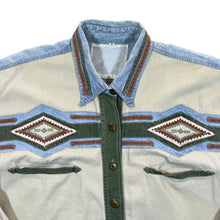 Load image into Gallery viewer, Vintage Cowboy Western Embroidered Aztec Cream Green Blue Cotton Long Sleeve Shirt
