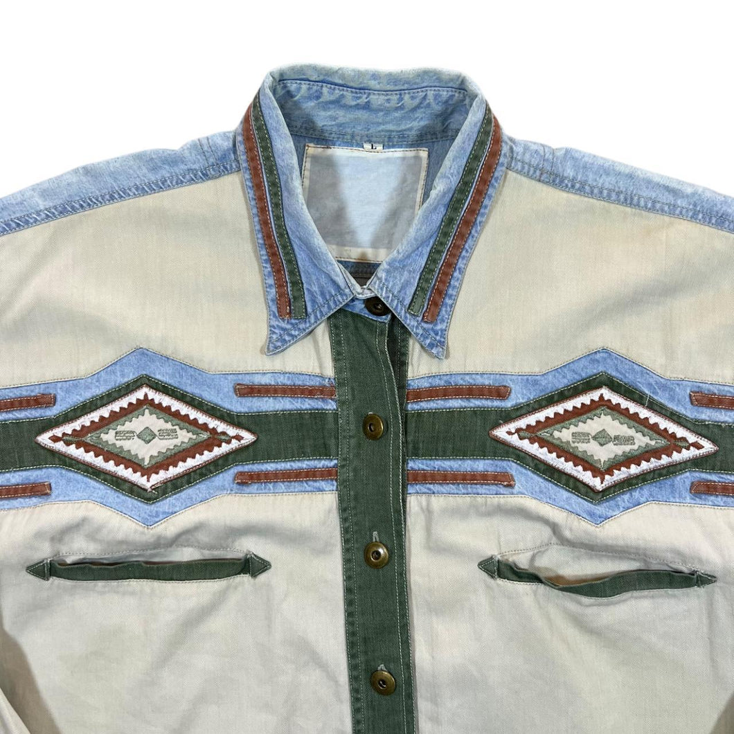 Vintage Cowboy Western Embroidered Aztec Cream Green Blue Cotton Long Sleeve Shirt