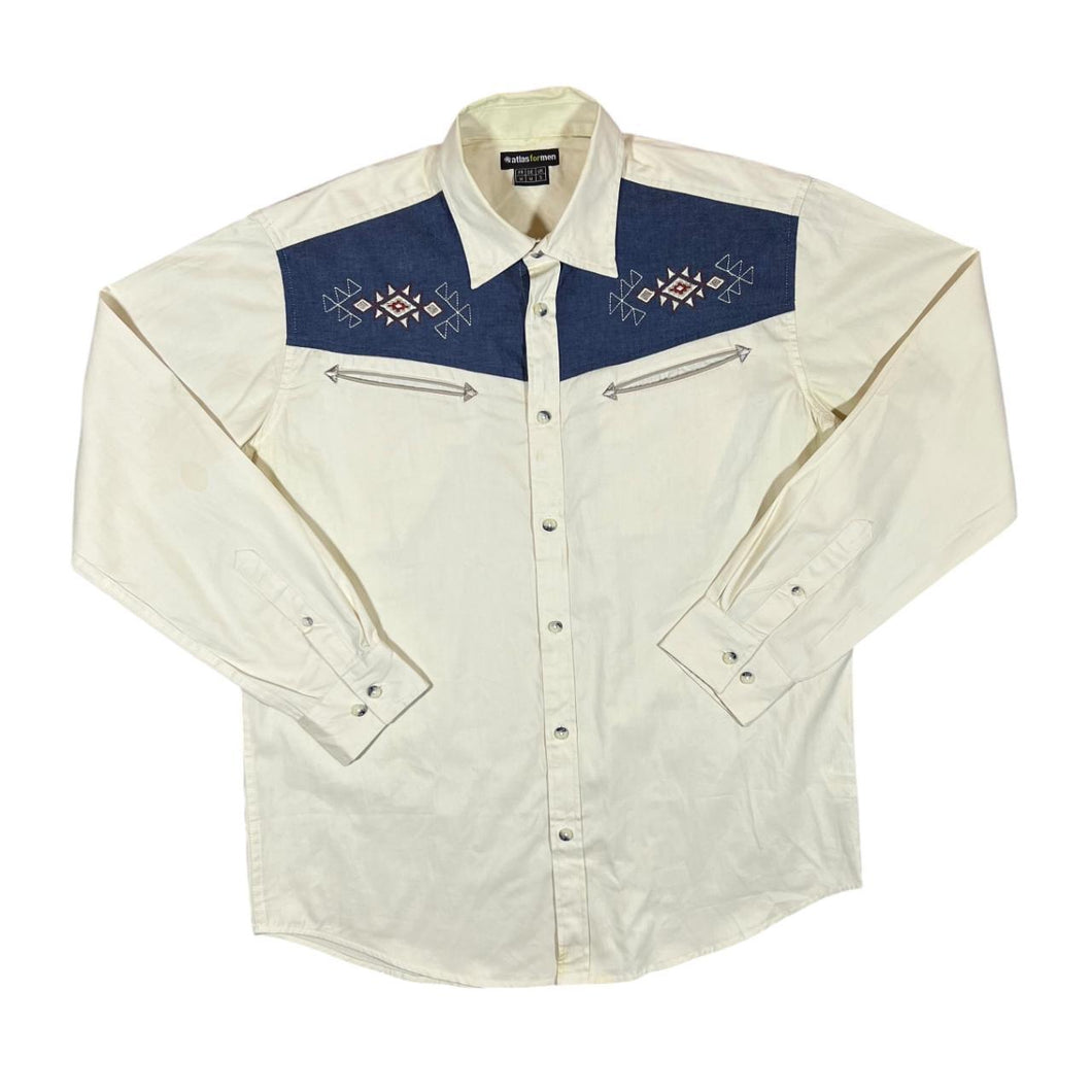 ATLAS FOR MEN Cowboy Western Embroidered Shoulder Panel Cream Long Sleeve Shirt