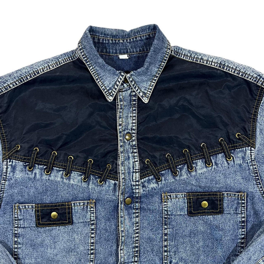 Vintage Cowboy Western Acid Wash Blue Denim Popper Long Sleeve Shirt