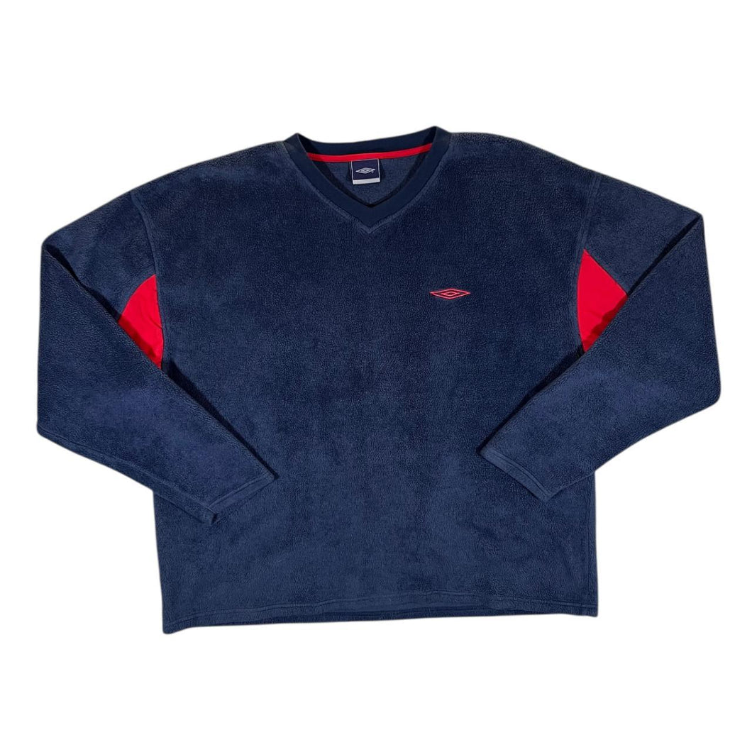 Early 00's Umbro Embroidered Mini Logo Navy Blue V-Neck Fleece Sweatshirt