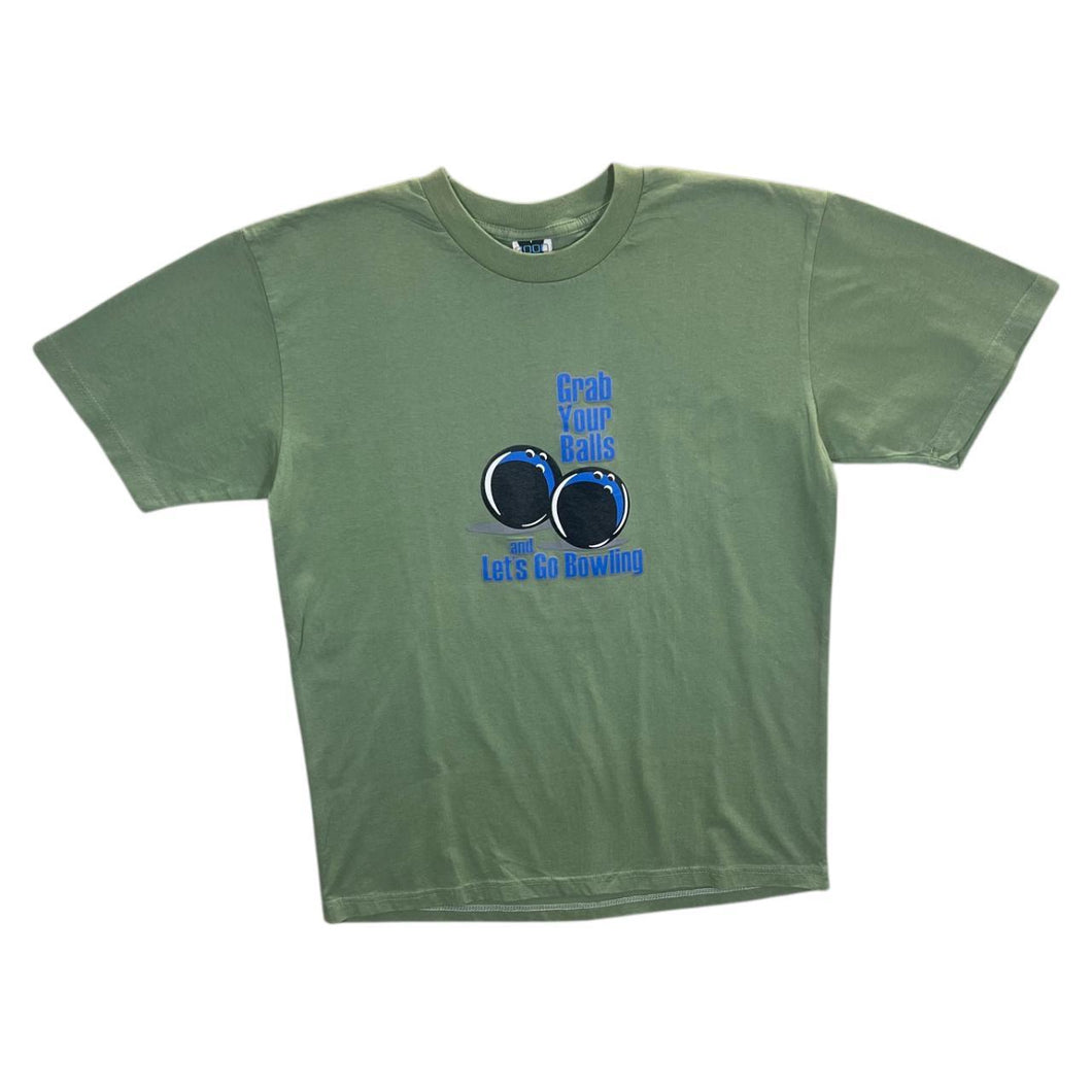 Early 00's Grab Your Balls And Let's Go Bowling Novelty Souvenir Graphic Green T-Shirt