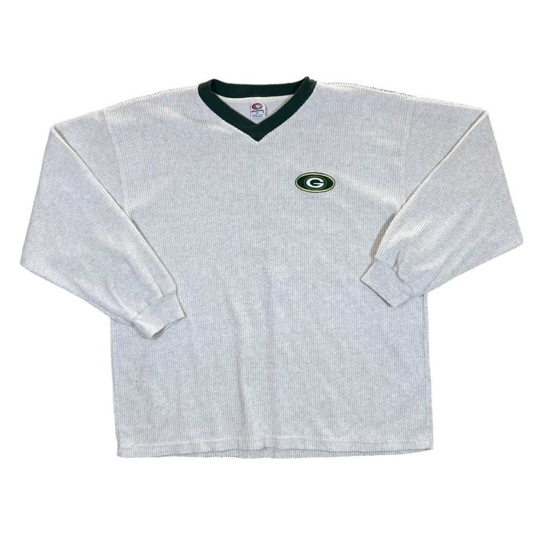 Vintage 90's True Fan NFL GREEN BAY PACKERS Football Embroidered Logo Towelling V-Neck Sweatshirt