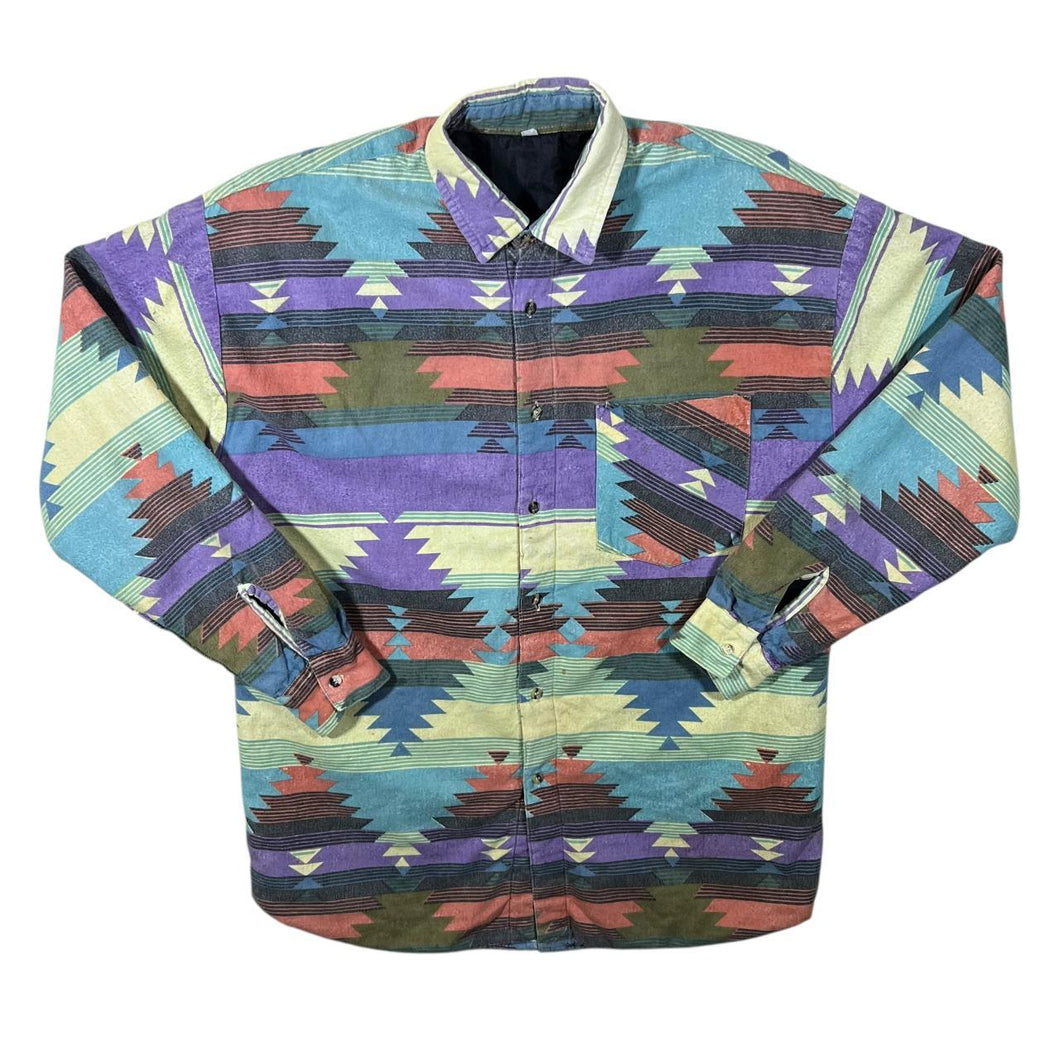 Vintage 90's Aztec Crazy Patterned Long Sleeve Cotton Flannel Lightly Padded Shirt