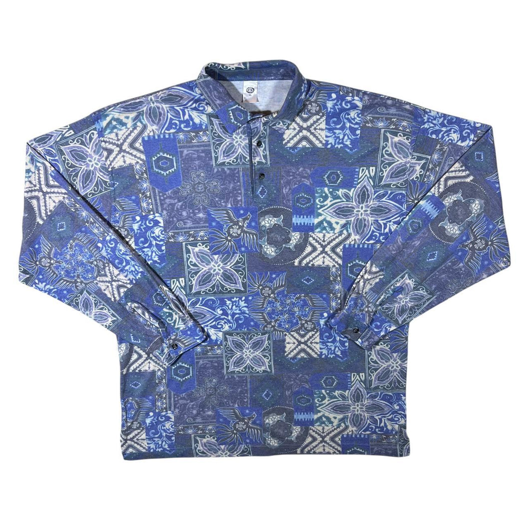 Vintage C&A Crazy Abstract Patterned Blue Mix Long Sleeve Polo Shirt