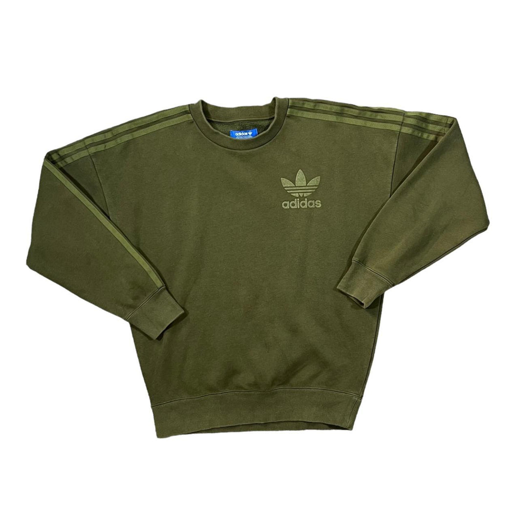 ADIDAS Classci Trefoil Logo Three Stripe Khaki Green Crewneck Sweatshirt