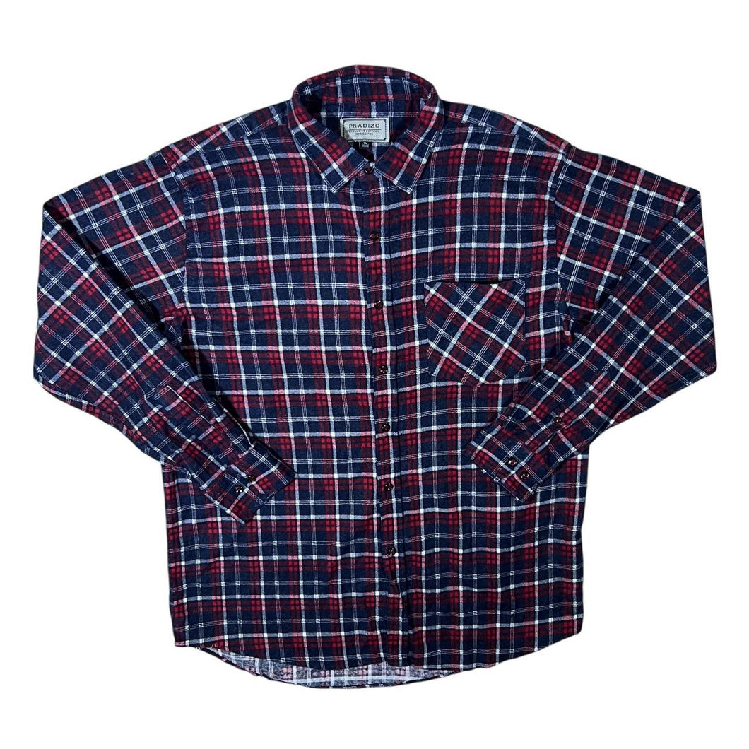Vintage Pradizo Navy Blue Red Plaid Check Long Sleeve Cotton Flannel Shirt