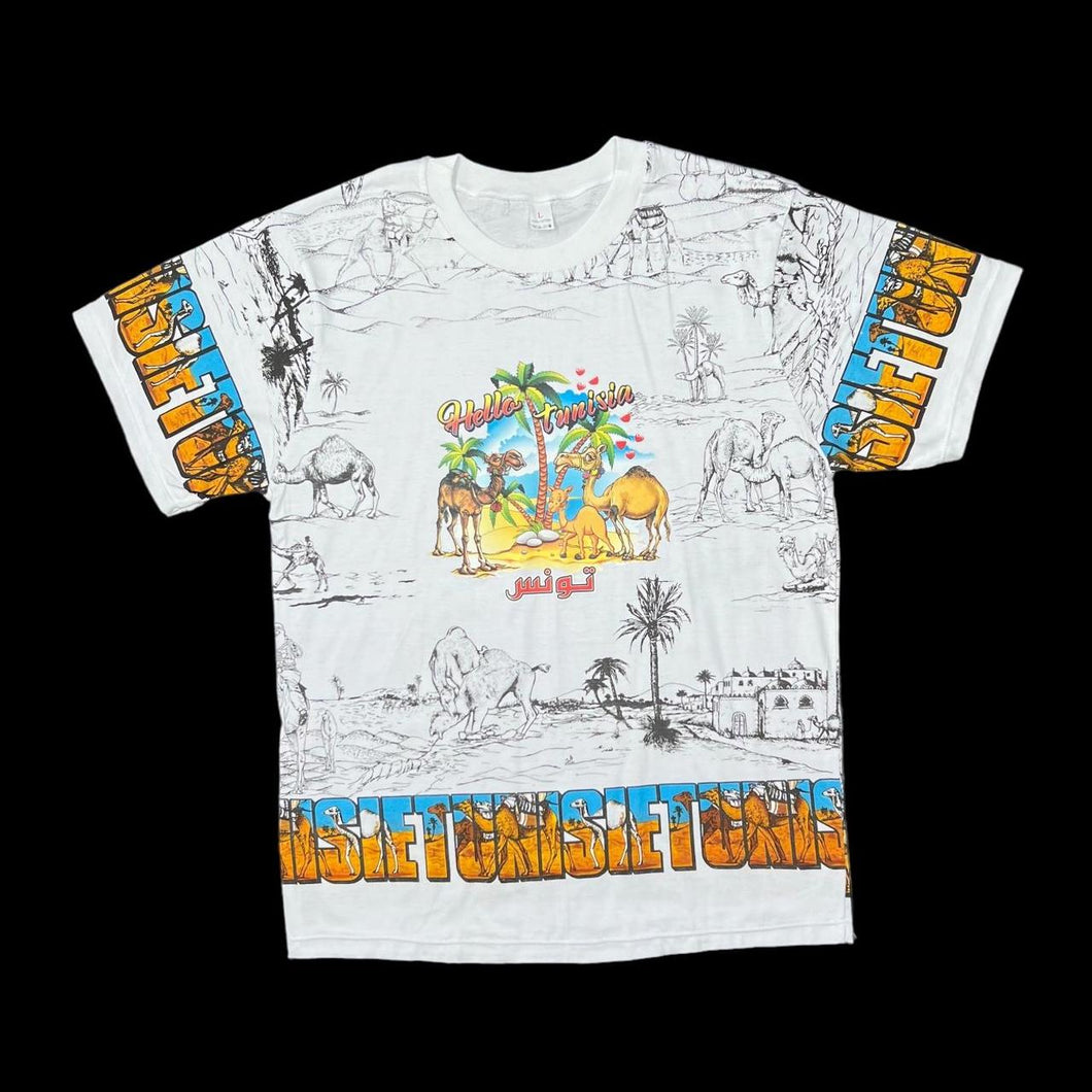 Early 00’s TUNISIA “Hello Tunisia” Souvenir Cartoon All-Over Print Spellout Graphic T-Shirt