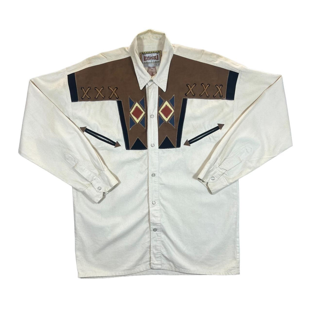 Vintage 90's RIVER GOLD Leather Panel Cowboy Western Long Sleeve Cotton Shirt
