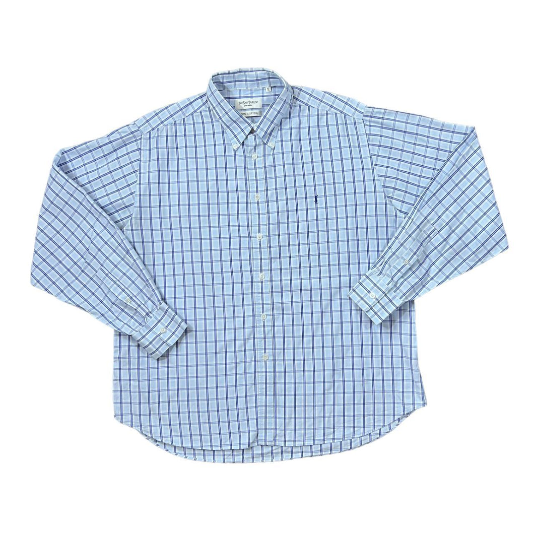 Early 00's YVES SAINT LAURENT YSL Classic Blue Check Mini Logo Long Sleeve Button-Up Shirt