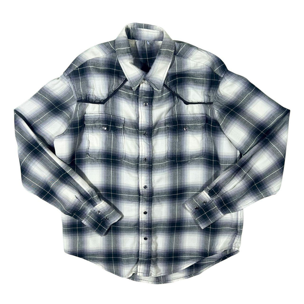 Vintage Cowboy Western Black White Grey Plaid Check Popper Cotton Long Sleeve Shirt