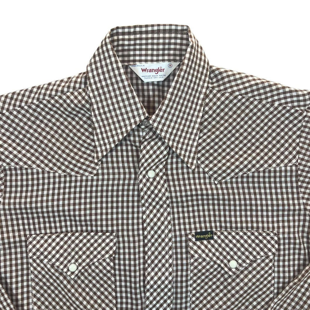 Vintage Wrangler Made In USA Cowboy Western Brown Check Popper Long Sleeve Shirt