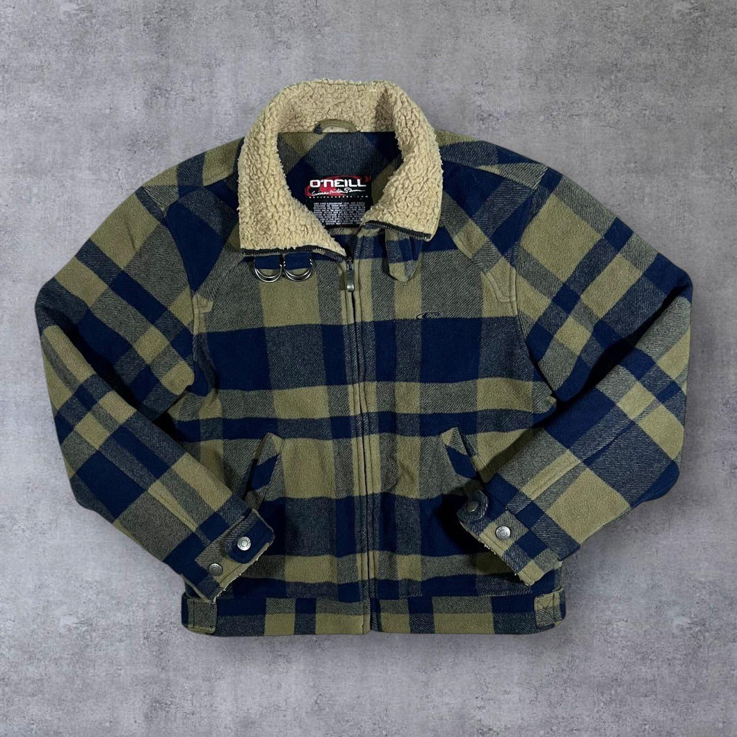 Early 00's O'Neill Skater Surfer Plaid Check Lightly Padded Wool Blend Bomber Jacket