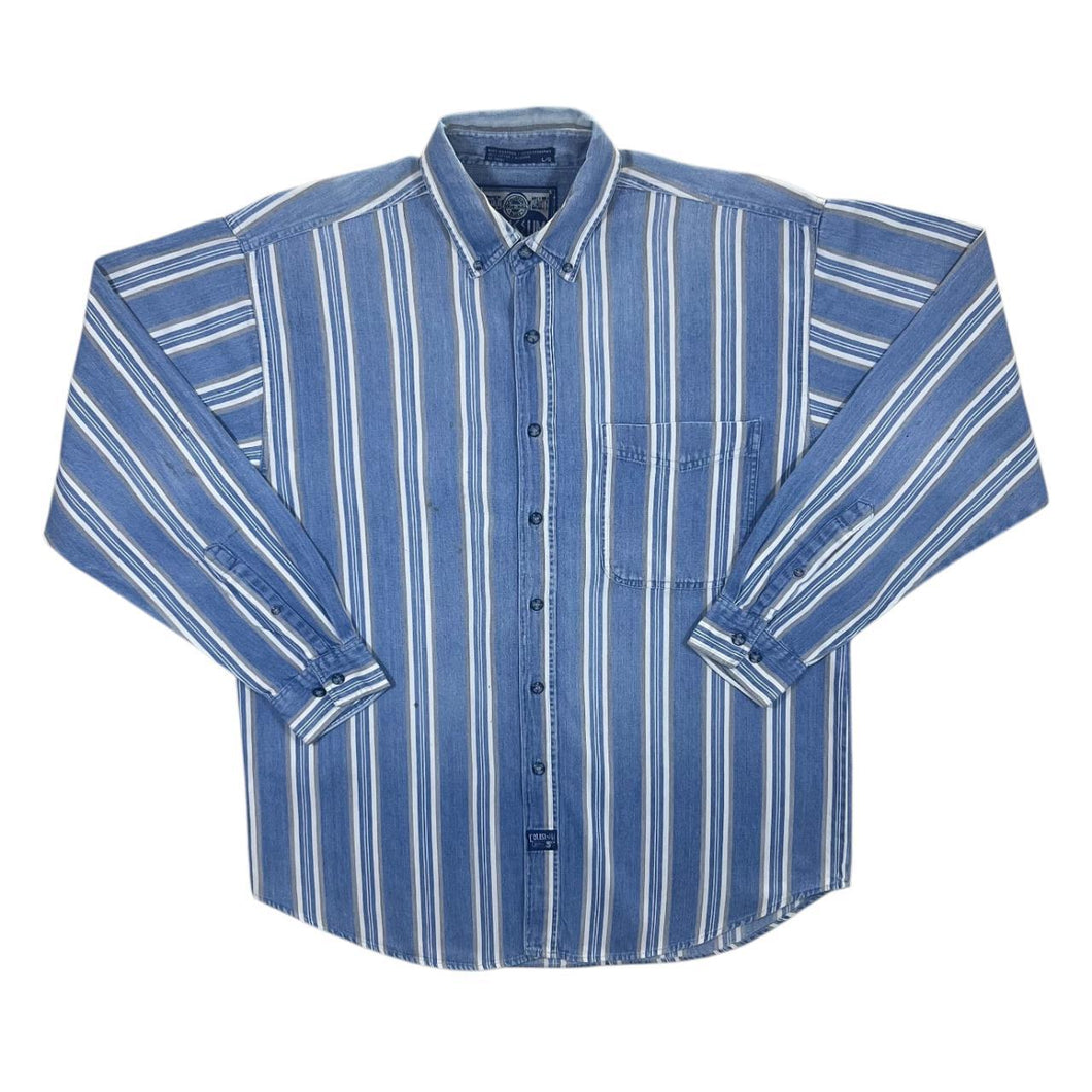 Vintage 90's Coliseum Blue White Striped Long Sleeve Cotton Button-Up Shirt