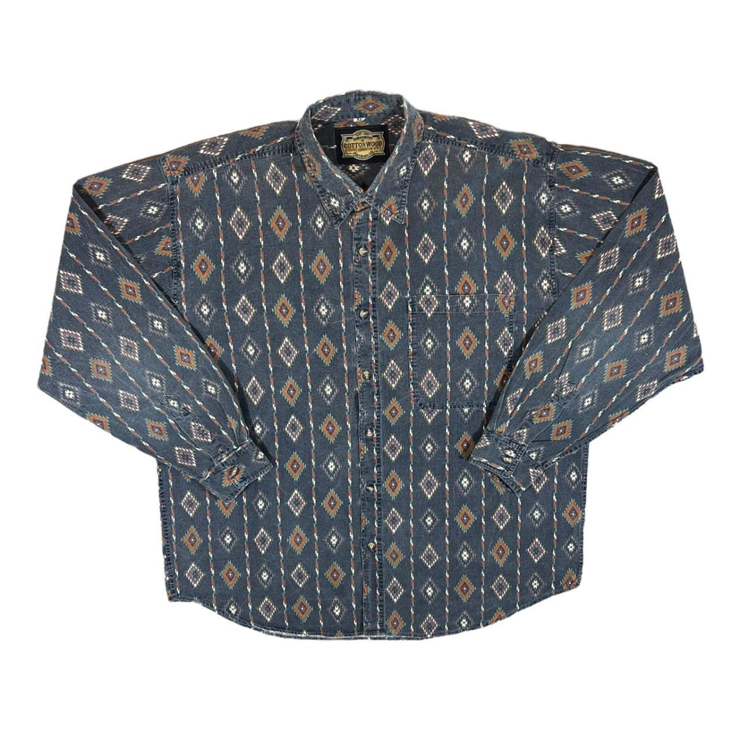 Vintage 90's Cottonwood Aztec Navajo Patterned Black Long Sleeve Cotton Shirt