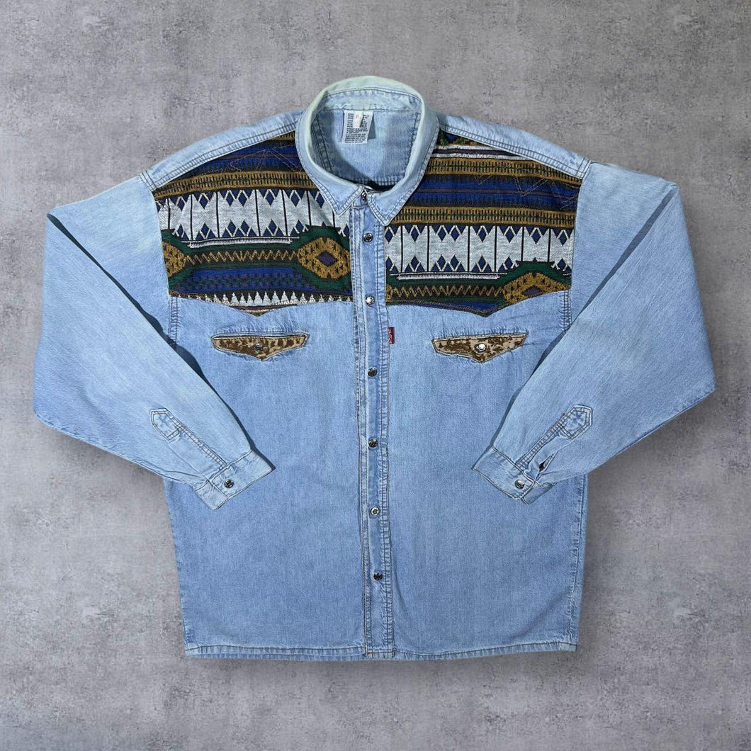 Vintage Stock Cowboy Western Woven Panel Popper Blue Denim Long Sleeve Shirt