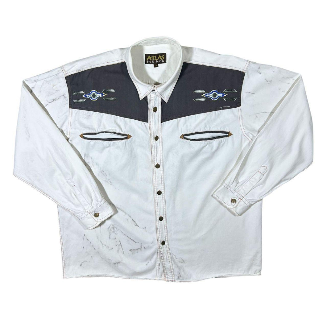 Early 00's Atlas For Men Cowboy Western Embroidered Aztec White Cotton Long Sleeve Shirt