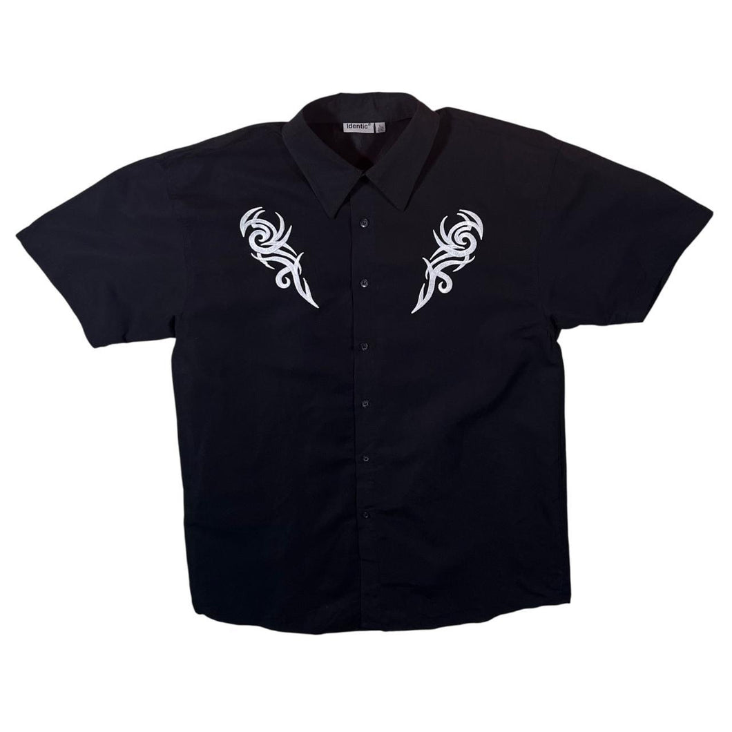 Early 00's Identic Y2K Tribal Biker Embroidered Black Polyester Short Sleeve Shirt
